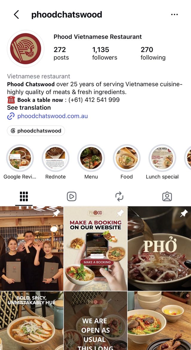 Phood Chatswood Instagram profile